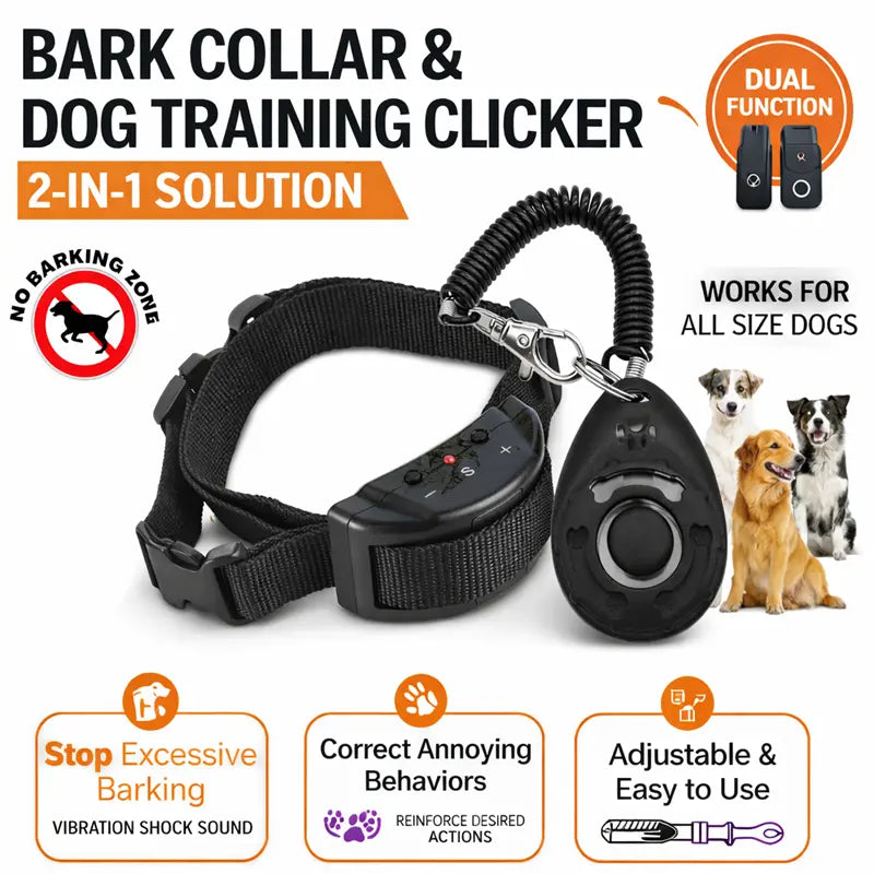 2 in 1 Dog Bark Collar Training Set, Gentle Remote Control No Barking Solution for Home Neighborhood Walks Public Park Pet Management
