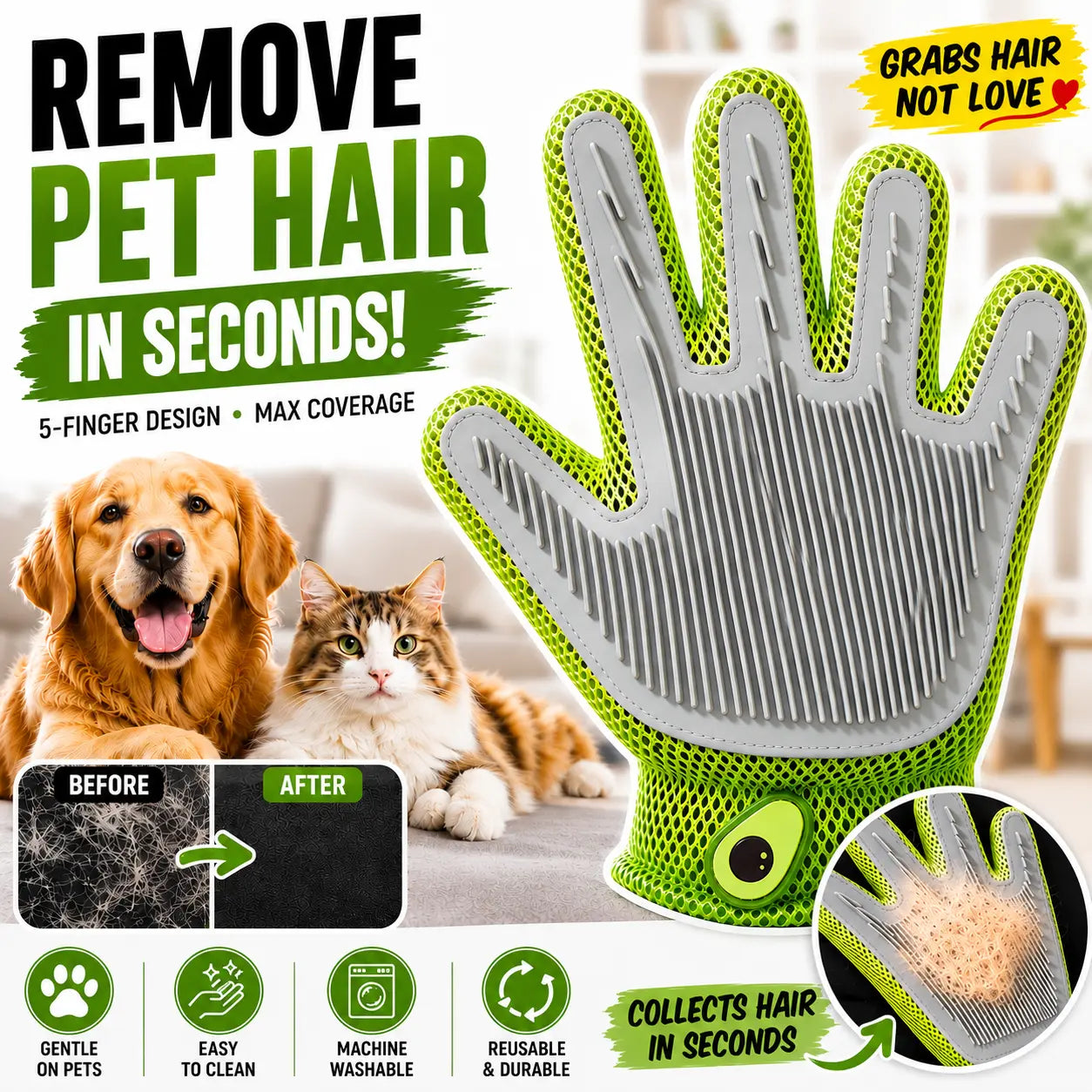 Pet Grooming Glove for Cats & Dogs - Soft Silicone Brush for Daily Grooming & Deshedding, Removes Loose Fur, Shedding Hair & Dirt, Provides Relaxing Massage to Keep Home Cleaner & Pets Happier