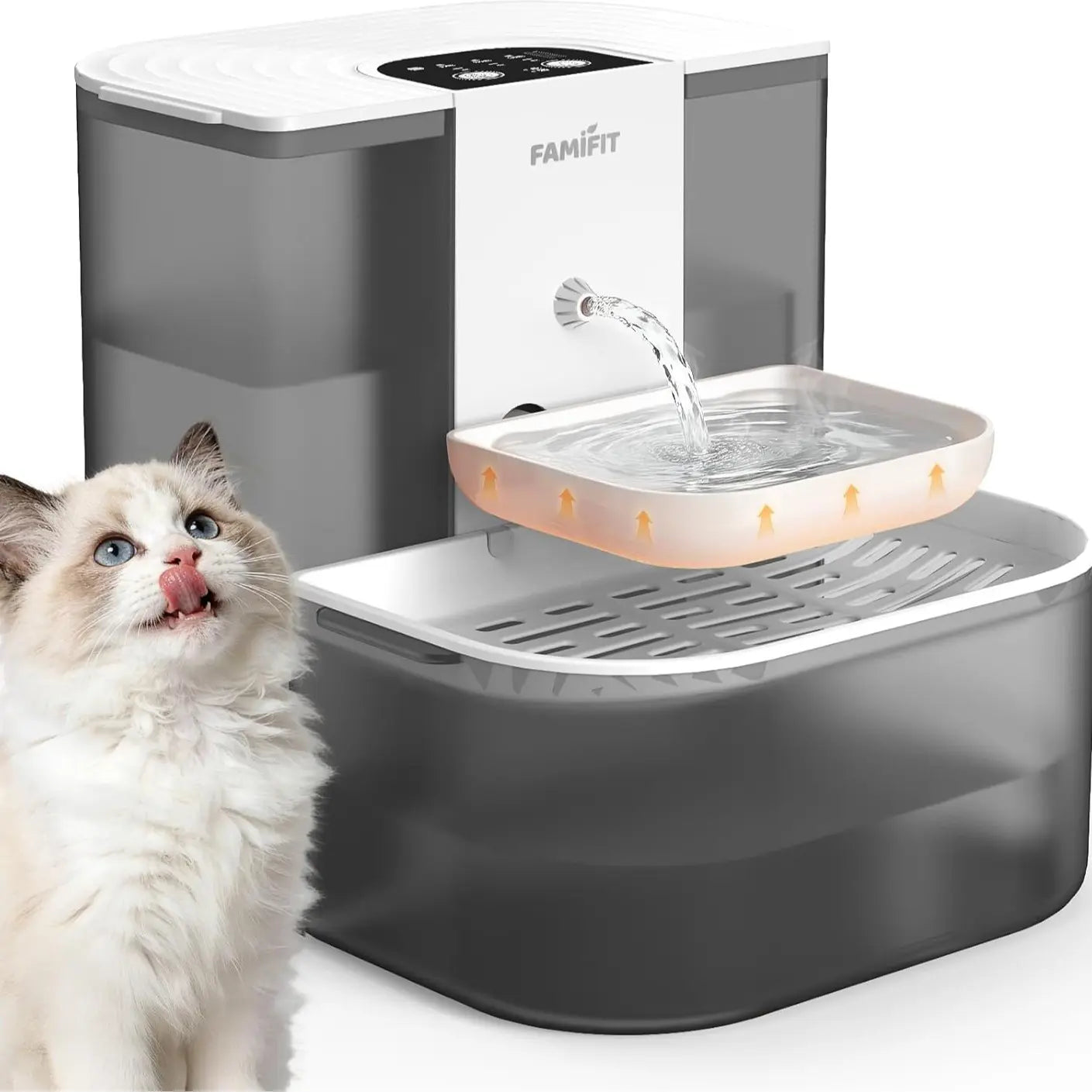 Automatic Cat Water Fountain ,No Filter,4.5L+2L，Ceramic Bowl, Timed 3/6/9H & 80/100/120Ml Control, Clean Water System, Ultra Quiet