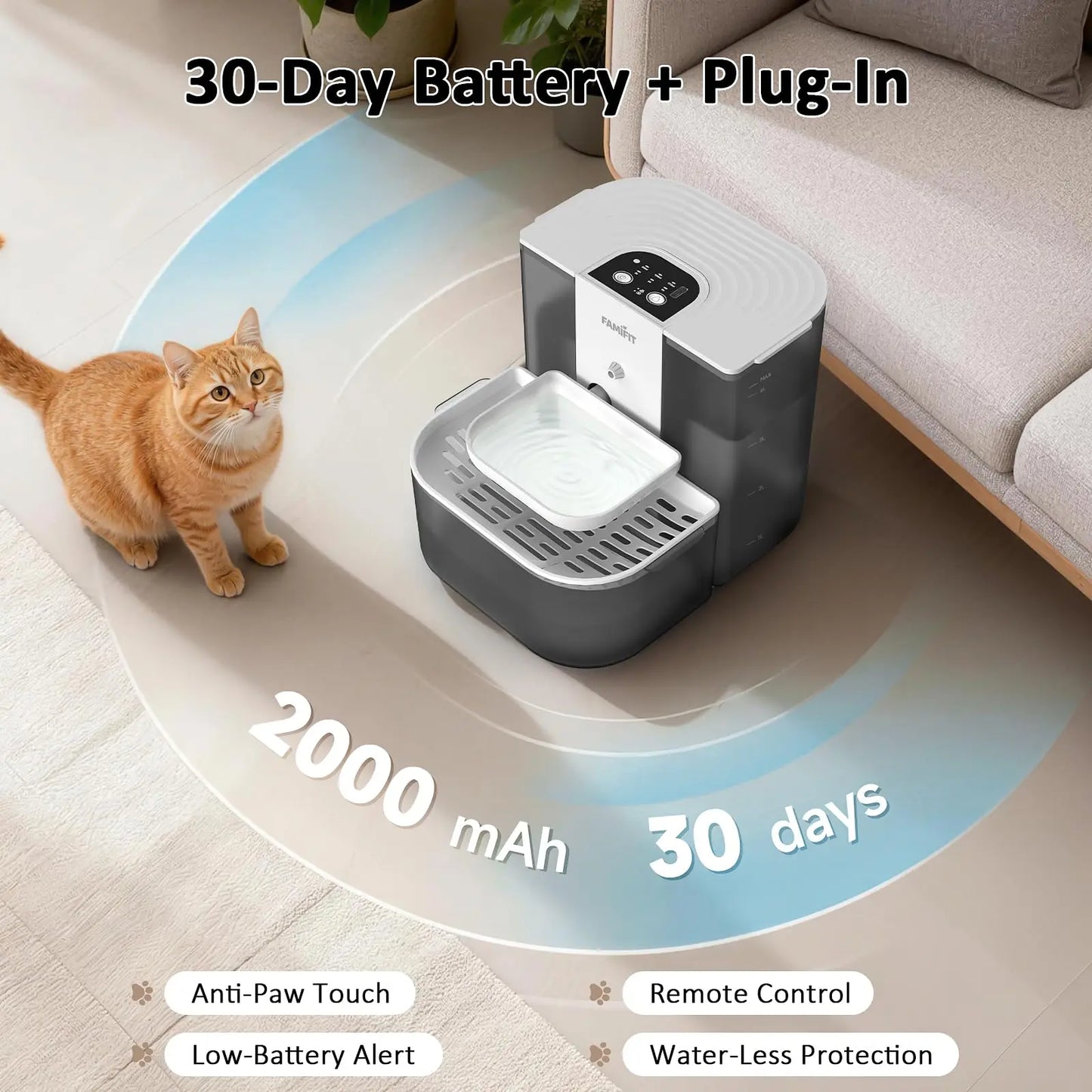 Automatic Cat Water Fountain ,No Filter,4.5L+2L，Ceramic Bowl, Timed 3/6/9H & 80/100/120Ml Control, Clean Water System, Ultra Quiet