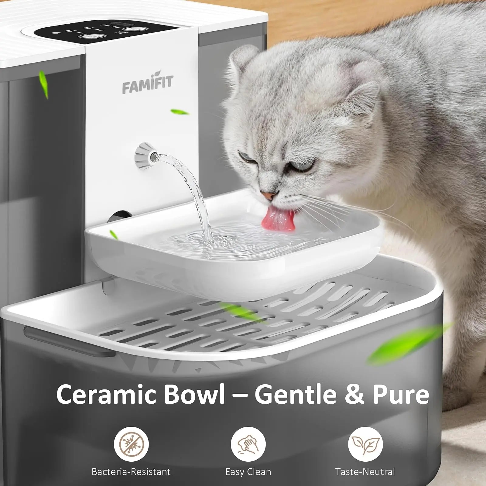 Automatic Cat Water Fountain ,No Filter,4.5L+2L，Ceramic Bowl, Timed 3/6/9H & 80/100/120Ml Control, Clean Water System, Ultra Quiet