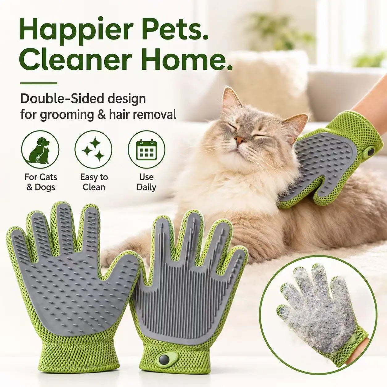 Pet Grooming Glove for Cats & Dogs - Soft Silicone Brush for Daily Grooming & Deshedding, Removes Loose Fur, Shedding Hair & Dirt, Provides Relaxing Massage to Keep Home Cleaner & Pets Happier