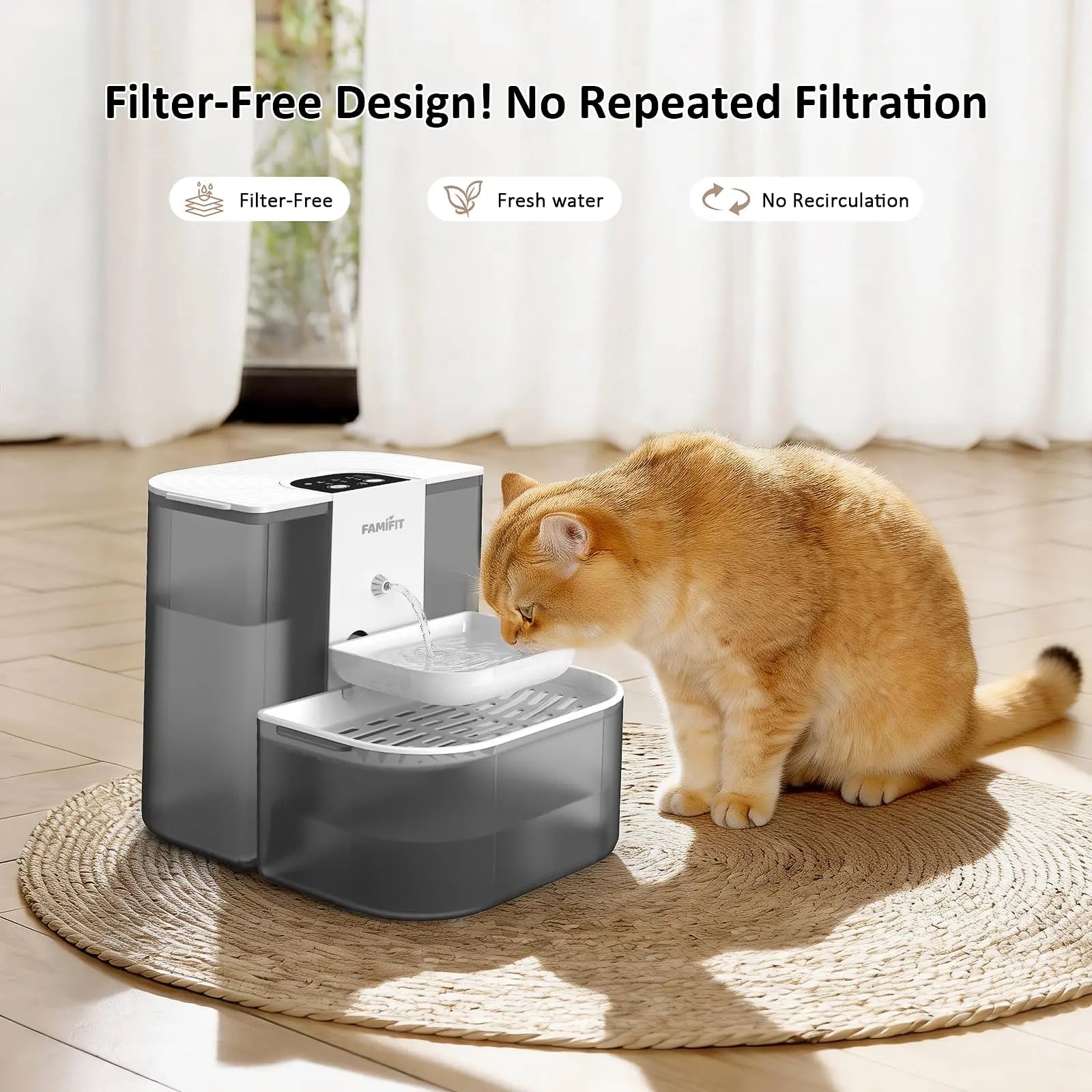 Automatic Cat Water Fountain ,No Filter,4.5L+2L，Ceramic Bowl, Timed 3/6/9H & 80/100/120Ml Control, Clean Water System, Ultra Quiet