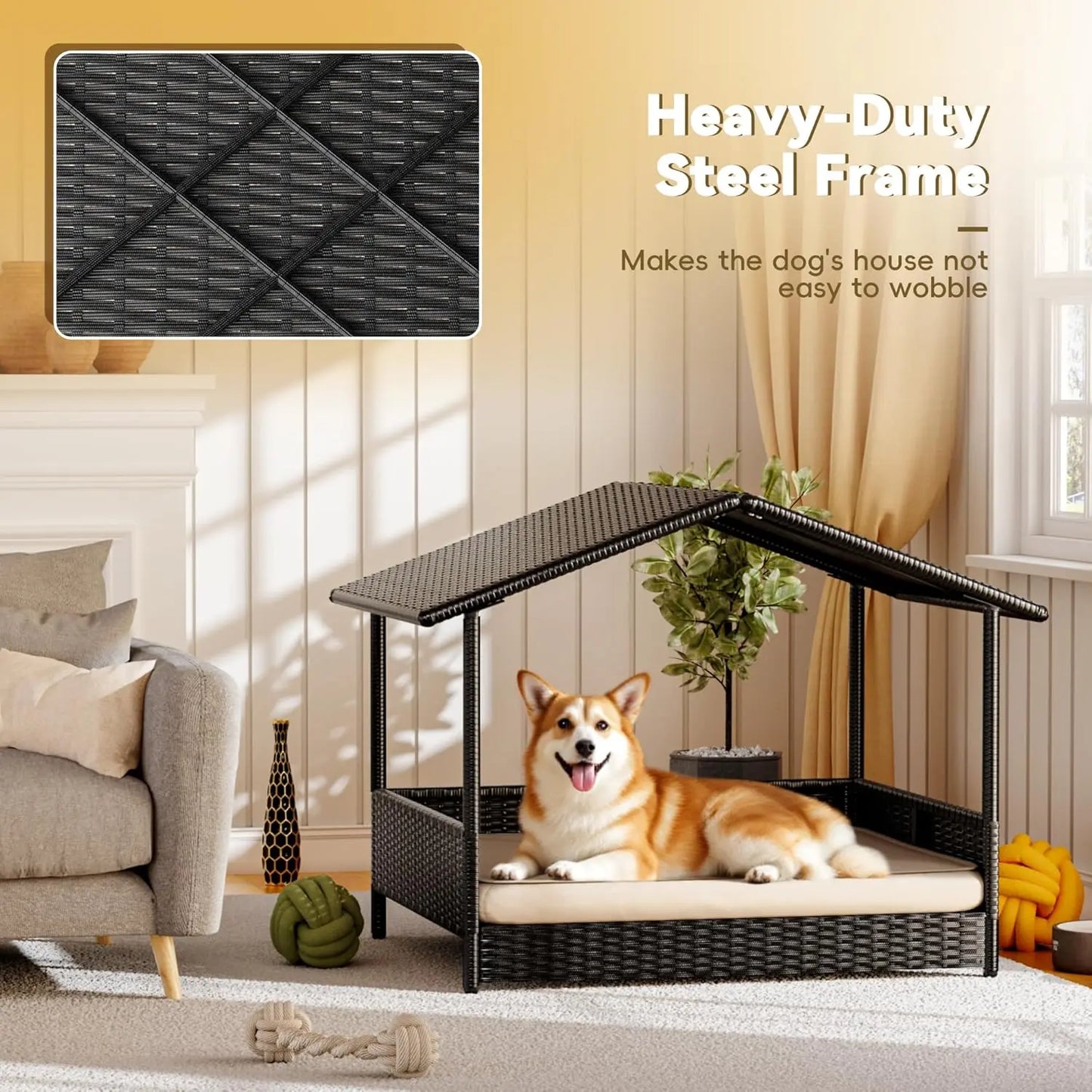 Warcat Wicker Dog House Outdoor Indoor Elevated Dog Shelter Dog Bed with Cushion, for Deck, Patio, Yard, Home #Summeressentials #Tiktokshopdealsforyoudays #Summerwins #Tiktokshopmemorialday