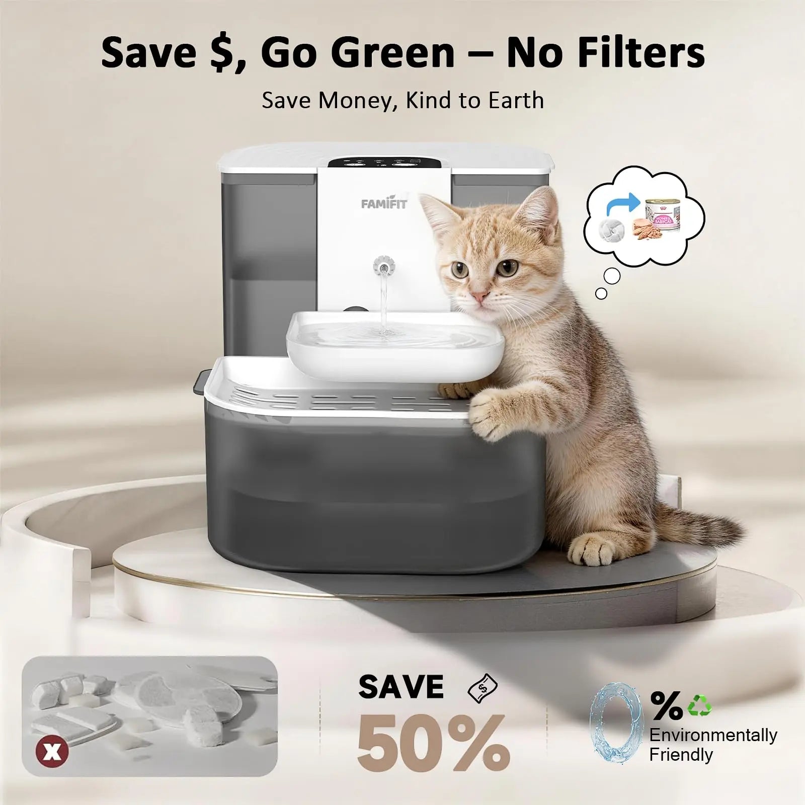 Automatic Cat Water Fountain ,No Filter,4.5L+2L，Ceramic Bowl, Timed 3/6/9H & 80/100/120Ml Control, Clean Water System, Ultra Quiet